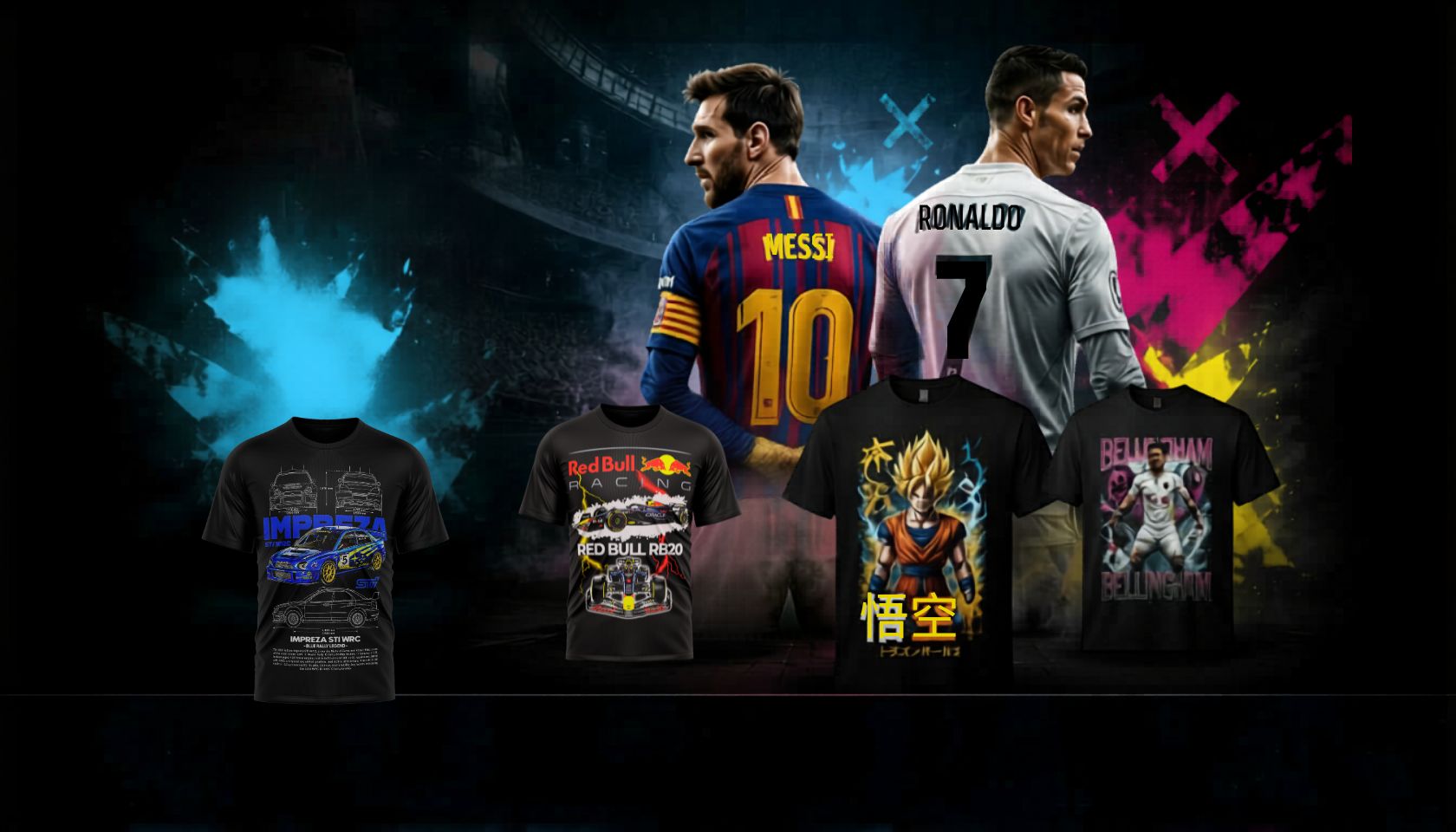 Disenos DTF de autos, anime y jugadores de futbol en poleras negras