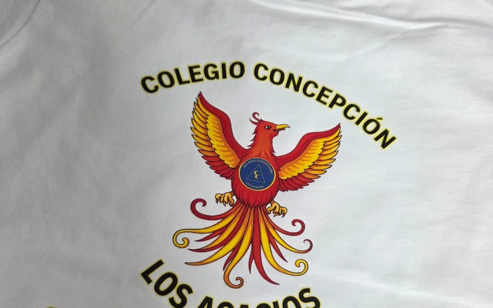 Polera institucional blanca con el escudo del colegio estampado a gran tamaño en el pecho