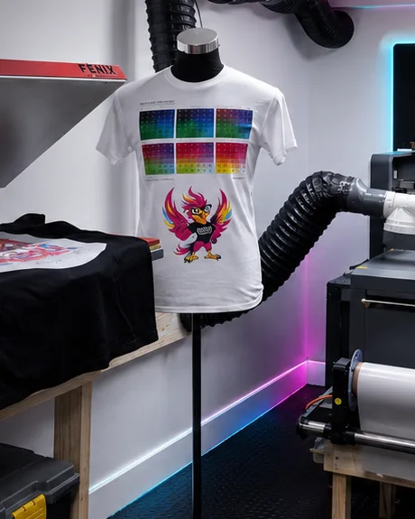 Polera blanca con estampado DTF a todo color exhibida en maniquí dentro del taller